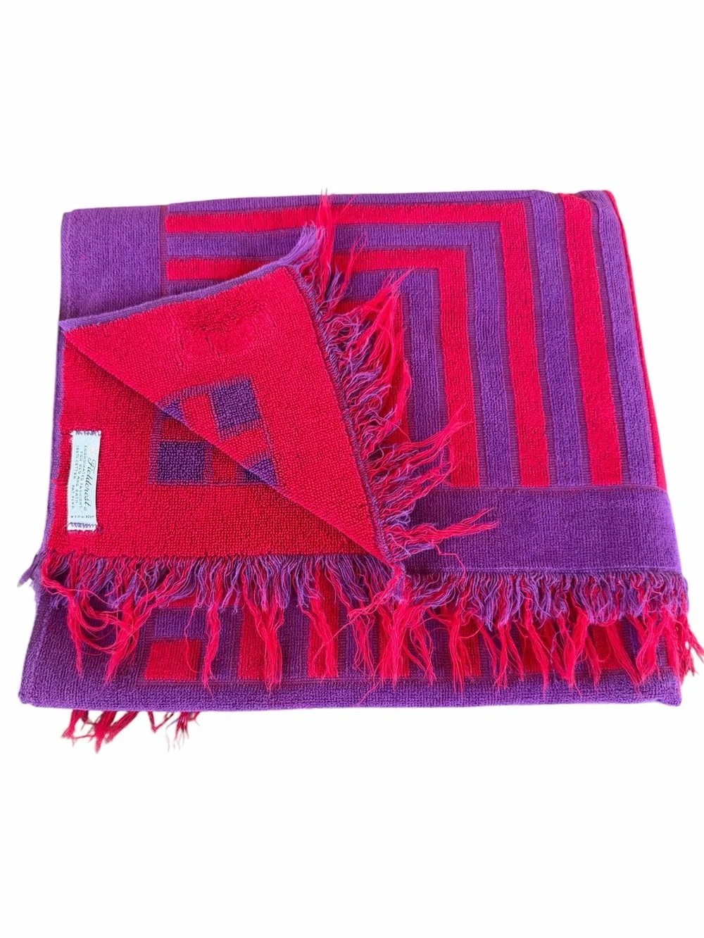 VTG Fieldcrest Yves Saint Laurent YSL Geometric Bath Towel Purple Red Fringe GUC